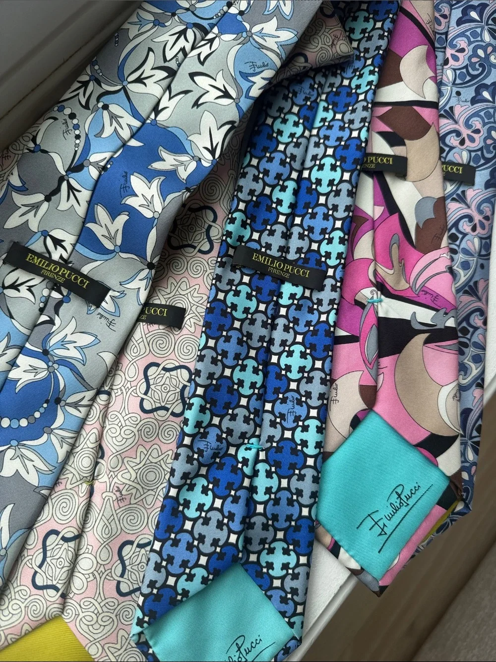 Emilio Pucci Set of 5 Patterned Silk Neckties in Blue, Pink, Gray and Brown